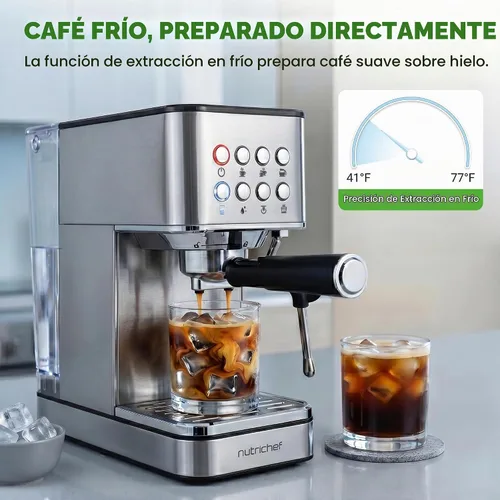 Vista 4 de NutriChef Máquina de café expreso de 20 barras con espumador de leche, tanque de agua extraíble de 1.8 cuartos de galón, cafetera para preparar café