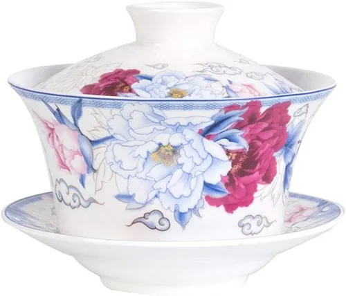 Vista 11 de Liang baobao Juego de Té Tradicional Gaiwan con Tapa y Platillo Taza de Té Gongfu de Porcelana Diseño Azul de Loto Tazas de 200ml