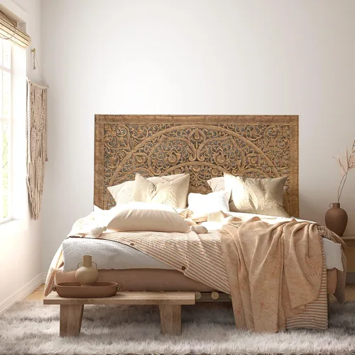 Vista 2 de Cabecero rectangular de cama tamaño King, paneles de madera colgantes para colgar en la pared, muebles de madera de teca tallada a mano