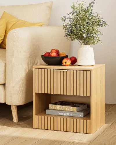 Vista 3 de Mesita de noche pequeña, mesita de noche moderna, mesita de noche con cajón y estante abierto, diseño de cubo, mesa auxiliar pequeña