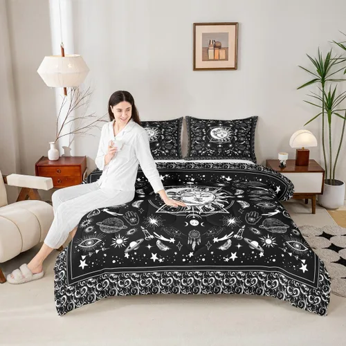 Vista 15 de Juego de edredón de champiñones para niños, tamaño individual, juego de ropa de cama romántica con sol, luna, cielo estrellado y galaxia, decoración