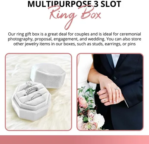 Vista 6 de NIMSIN Caja de terciopelo para anillos de alta calidad para ceremonia de boda con tapa desmontable, elegante y bonita caja para anillos de boda, 3