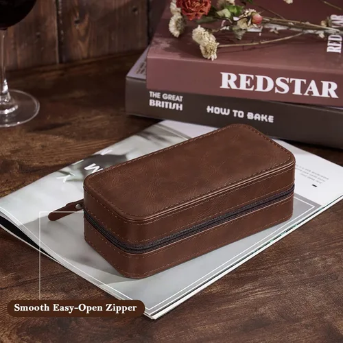Vista 6 de BEWISHOME Estuche de viaje para relojes, cajas de reloj con 2 ranuras para hombre, organizador de relojes portátil, vitrina de relojes, accesorio