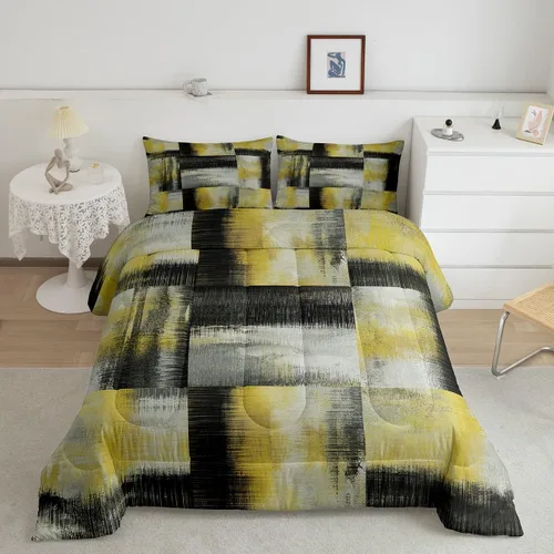 Vista 15 de Erosebridal - Juego de ropa de cama con edredón a cuadros de retazos tamaño individual, aguada geométrica en cuadrícula, conjunto retro grunge