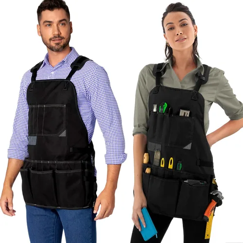 Vista 7 de Delantal para herramientas, soporte magnético para puntas, espalda cruzada, 18 bolsillos, color negro Oxford Canvas, Quick-Release Buckle, Double