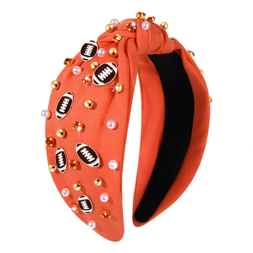 Vista 16 de Diadema de fútbol para mamá, accesorios de perlas con diamantes de imitación anudados, banda ancha para el pelo negra, diadema de nudo superior