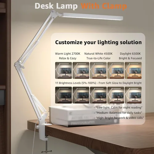 Vista 2 de TROPICALTREE Lámpara de escritorio LED para oficina en casa, con abrazadera y 3 modos de luz Lámpara de 14W con brillo ajustable de 5000K