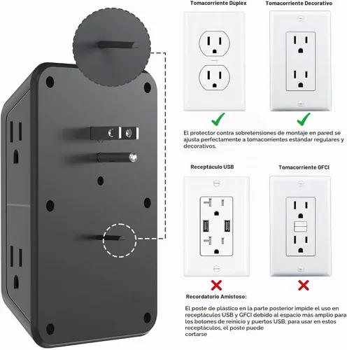Vista 8 de Regleta de pared con cargador USB, protector contra sobretensiones con 4 puertos USB (2 USB C), extensión de enchufe, múltiples salidas, extensión