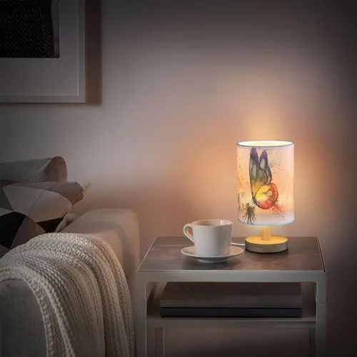 Vista 6 de Lámpara de mesa pintada Mariposa Diente de León con base de madera y pantalla de tela para mesita de noche, lámpara de escritorio para recámara