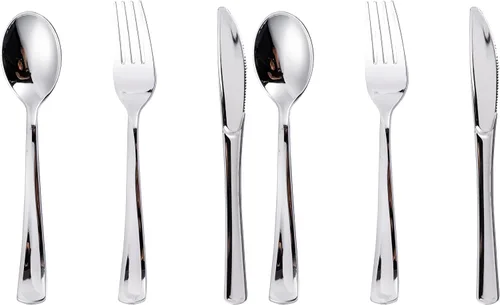 Vista 11 de N9R 120 Piezas Cubiertos de Plástico Plateado, Juego de Cubiertos de Plástico Plateado Cubiertos Desechables Vajilla - 60 Tenedores, 30 Cucharas, 30