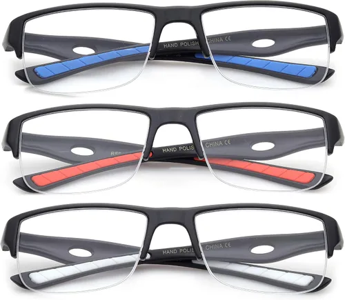 Vista 2 de Newbee Fashion - Paquete de 3 gafas de lectura deportivas para hombre, medio marco, 1.00 dioptrías, azul, rojo y blanco