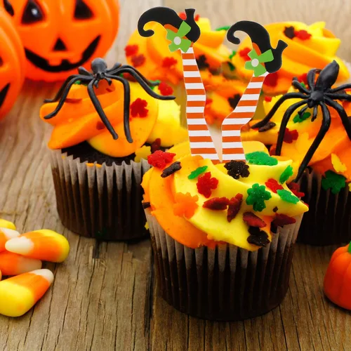 Vista 7 de 48 piezas de decoración de cupcakes de Halloween, patas de bruja, adornos para cupcakes, botas de bruja, palillos para tartas, accesorios