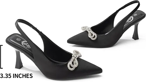 Vista 2 de Trary Tacones de gatito para mujer, tacones con espalda cruzada para mujer, tacones de diamantes de imitación, tacones de lazo brillante, tacones