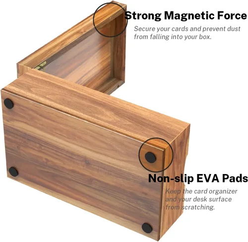 Vista 3 de Neando Organizador de tarjetas de índice de 5 x 8 con tapa, caja de almacenamiento de madera de acacia extragrande con 4 compartimentos, 20 pestañas