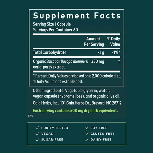 Vista 3 de Gaia Herbs Bacopa - Suplemento de hierbas de apoyo cerebral y cognitivo - Hecho con Bacopa Monnieri para ayudar a mantener una mente próspera* - 60