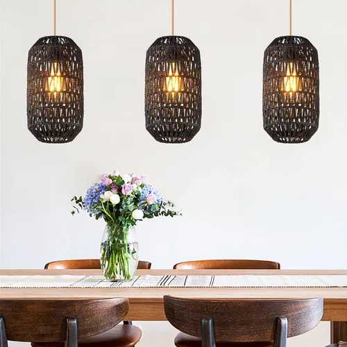 Vista 5 de Ruzectt Luminarias Colgantes Luces Colgantes de Ratán Negro para Isla de Cocina con Cable de Algodón Dorado Ajustable de 72 pulgadas, Lámpara