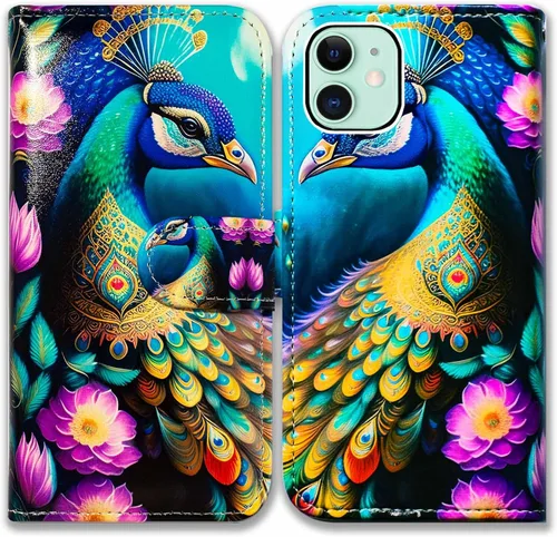 Vista 10 de Bcov Funda para iPhone 11, funda de piel con tapa y función atril para iPhone 11, diseño de flores y mariposas azules