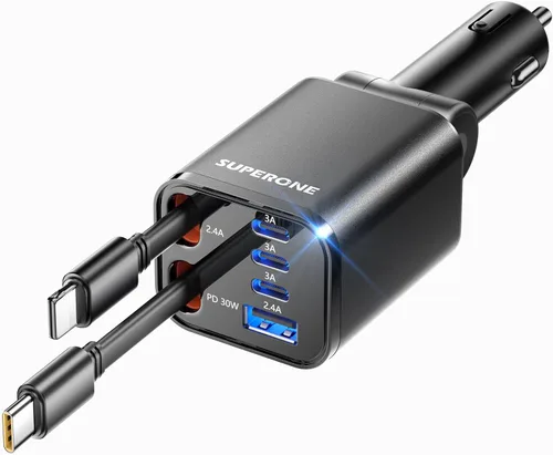 Vista 13 de SUPERONE - Cargador retráctil para automóvil, 99 W, con cables, carga rápida, adaptador USB C para iPhone 17, 16, 15, 14, 13, 12, Samsung, negro