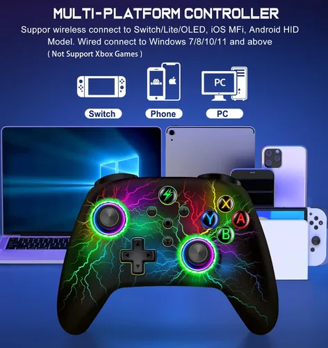 Vista 4 de Wireless Switch Pro Controller for Nintendo Switch ControllerLiteOLED, Cool RGB Wired PC Game Jasticks-Wireless iOSAndroid Remote with LED