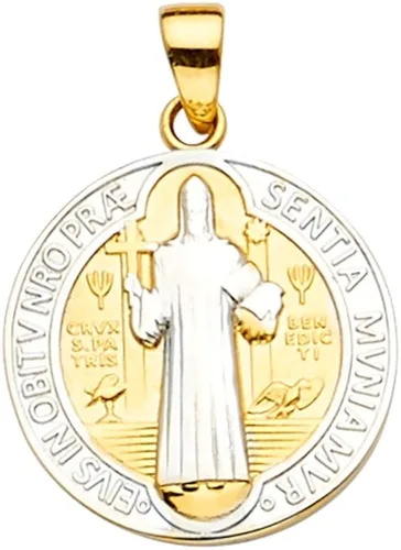 Vista 3 de Wellingsale Medalla San Benito de oro blanco y amarillo de 14 k en dos tonos (tamaño 0.945 x 0.630in)