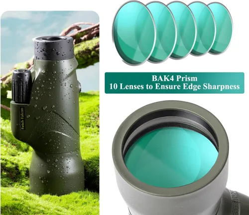 Vista 3 de Monoculares impermeables con relleno de nitrógeno HD 12x50 IPX7 con soporte para teléfono, trípode, correa de mano – Óptica BAK4 FMC, HD verde