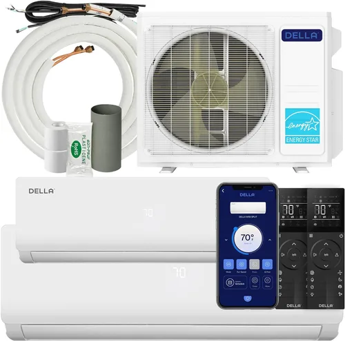 Vista 14 de DELLA 20K BTU Dual Zone Mini Split AC (2x9K), 19 SEER2, kits de 16 pies Blanco con juego de línea