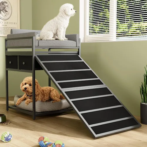 Vista 11 de kepptory Litera para mascotas con escaleras y almacenamiento, camas para perros fijadas a la cama humana, cuna para perros y gatos pequeños, Negro