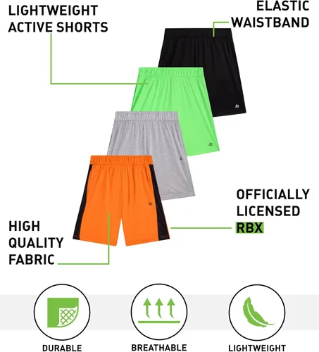 Vista 2 de RBX Pantalones cortos deportivos para niños, paquete de 4 pantalones cortos de malla polar de rendimiento para correr, gimnasio, baloncesto