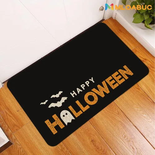 Vista 2 de Mloabuc® Felpudo de Halloween para puerta delantera, fantasma negro, parte trasera de goma antideslizante, diseño de calavera de feliz Halloween