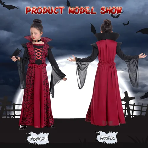 Vista 6 de Fooecor Disfraz de vampiro de Halloween para niñas, vestido de vampiro real para niños, conjunto de lujo con kit de maquillaje