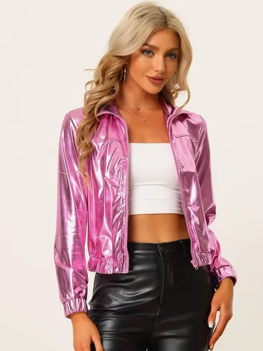 Vista 2 de Allegra K Chaqueta metálica holográfica brillante para mujer, manga larga, ligera, con cremallera