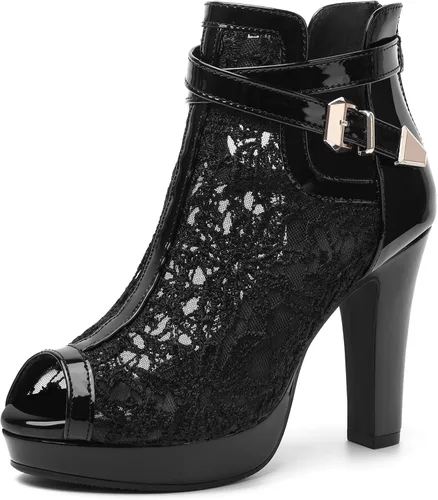 Vista 17 de Susanny Botas de tacón alto para mujer, Botas de plataforma con tacón sexy de puntera redonda con agujetas, tacón alto, botas de media pantorrilla