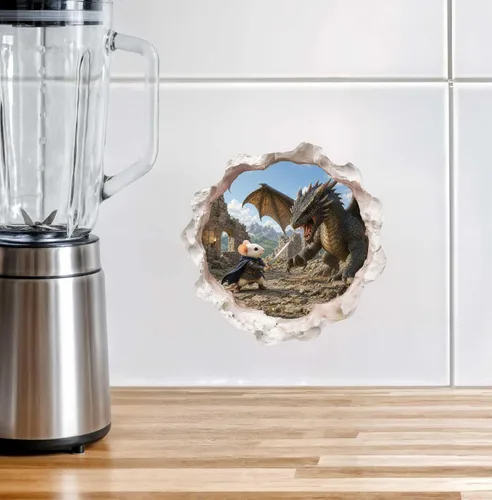 Vista 4 de Calcomanía de pared 3D con agujero de ratón de Caballero Guerrero en un agujero de ratón