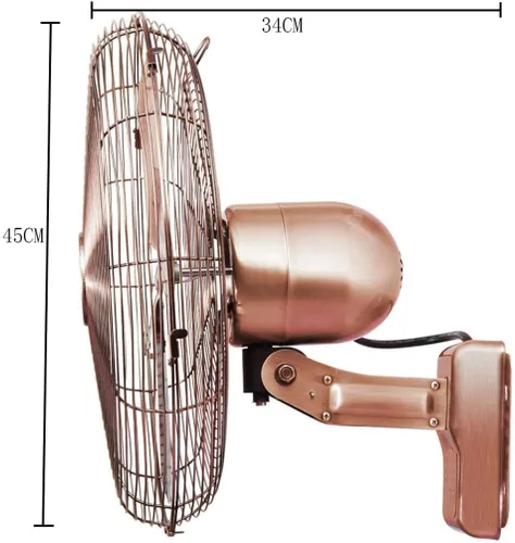Vista 2 de Ventilador de pared retro de metal, ventilador mecánico/remoto montado en la pared, 3 velocidades, cabeza agitadora, 100 W, cobre retro