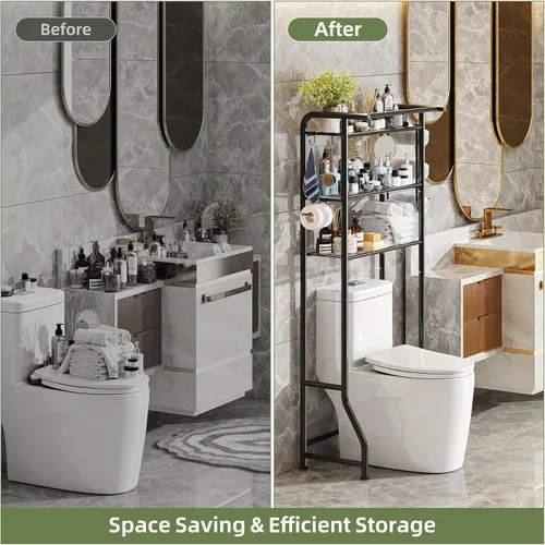 Vista 10 de Simple Trending Sobre el gabinete de almacenamiento del inodoro, organizador de estante de baño de metal con soporte para papel y ganchos, 3