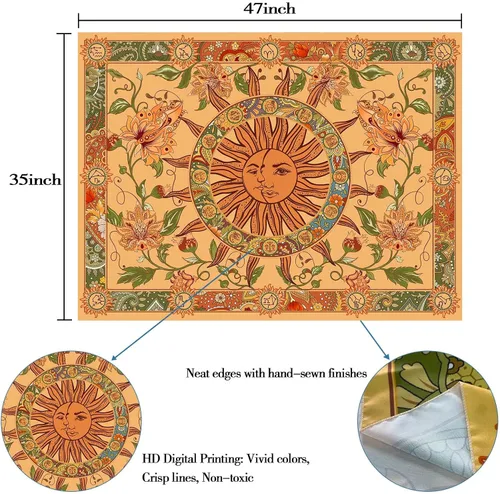 Vista 7 de Tapiz amarillo con sol y luna, vintage, bohemio, para colgar en la pared con girasoles, mariposa, polilla, constelación, tapices de pared