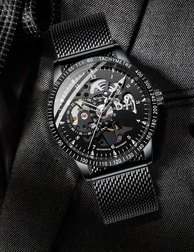 Vista 2 de Reloj mecánico automático de acero inoxidable de lujo Sapphire Fecha impermeable Fase lunar Reloj (negro), Mecánico