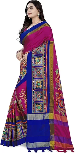 Vista 2 de Indian Hawker Sari de seda de algodón para mujer, bordado de sari de trabajo, estilo moderno, con blusa sin costuras