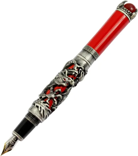 Vista 7 de Gullor JinHao - Pluma estilográfica tallada en 3D con perla roja, punta media, color negro