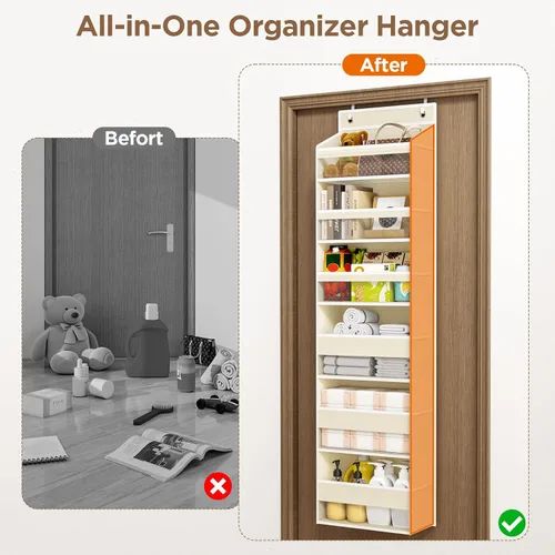 Vista 8 de Mefirt Organizador para colgar sobre la puerta, 6 estantes para colgar en la puerta con 6 bolsillos de gran capacidad, estantes colgantes