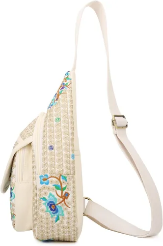 Vista 4 de SILKAREA Bolso bandolera pequeño de lona vintage para mujer, bolso cruzado, bolso cruzado bohemio bordado mochila (beige azul)