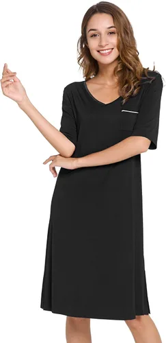 Vista 10 de WiWi - Camisón de viscosa de bambú para mujer, manga corta, con cuello en V, ropa de dormir, tallas grandes, S-4X, A-aqua