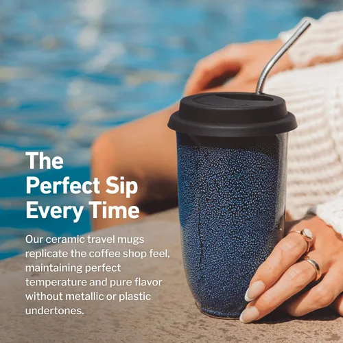 Vista 4 de NOVA CERAMICS Taza de viaje – Taza de viaje de cerámica con tapa – Taza de café de viaje única para llevar – Vaso de café apto para microondas