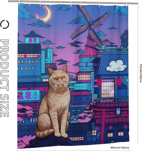 Vista 3 de Cortina de ducha de gato japonés de neón, impermeable, de poliéster, decoración retro para niños y adultos, se adapta a bañera, ducha y ventana