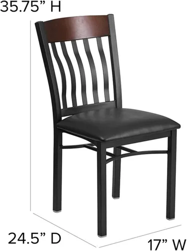 Vista 3 de Flash Furniture Eclipse Series Silla de restaurante con respaldo vertical de metal negro y madera de nogal con asiento de vinilo negro