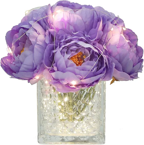 Vista 14 de Ramo de Peonías de Seda Artificial con Centro de Mesa Floral Artificial en Florero de Vidrio para Decoración de Boda en el Hogar (Rojo)