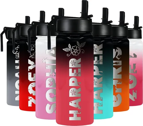 Vista 28 de Botella de agua personalizada para niños con tapa de popote en azul aguamarina degradado para la escuela, nombre personalizado para niños, 18 onzas