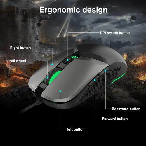 Vista 5 de RaceGT Ratón para juegos con cable, ratón óptico USB para computadora con alta precisión ajustable hasta 8000 DPI, mouse USB ergonómico