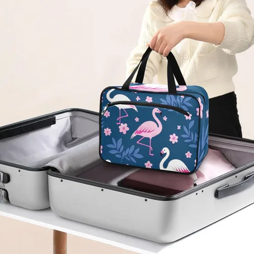 Vista 8 de Elegant Animal Flamingo Grey Hanging Travel Cosmetic Bags for Women with Hook Designer Necessities Bag for Makeup mom Toilet bolso de viaje