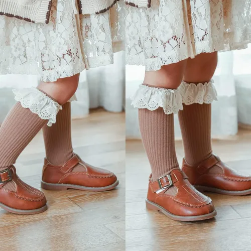 Vista 4 de HOUSEYUAN Calcetines largos con volantes para bebés y niñas para recién nacidos con encaje en el muslo con volantes medias largas para niños de 6 a
